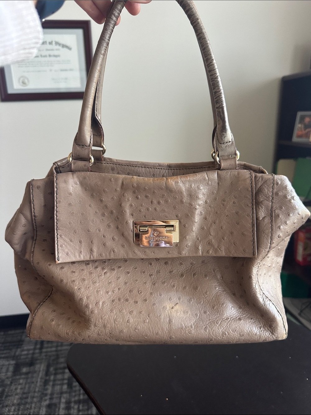 kate spade Taupe Ostrich-Texture Leather Satchel with Top Handles